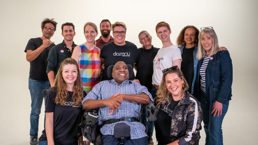 The cast and crew of “Hey Yall, Voting Should Be Accessible For Everybody” gather for a group photo after production wraps up.