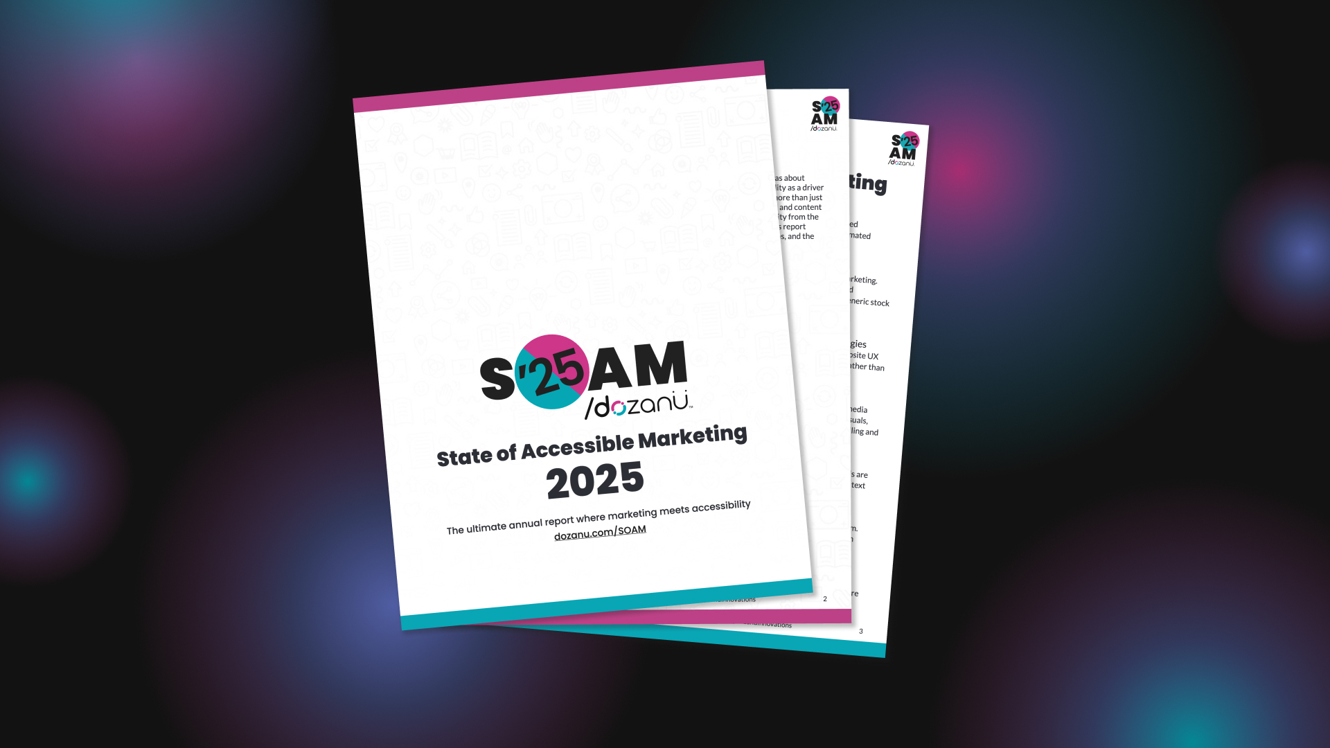A graphic of 3 stacked pieces of paper. The first reads "SOAM/dozanü State of Accessible Marketing 2025."