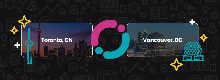 Two boxes surrounded by icons. The box on the left says Toronto, ON with a background image of the city. The box on the right says Vancouver, BC with a background image of the city.